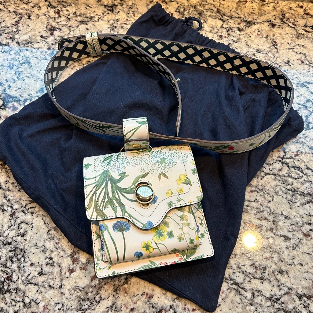 Nwot Tori Burch Belt Bag, Floral And Blue Checkered, Gold Hardware